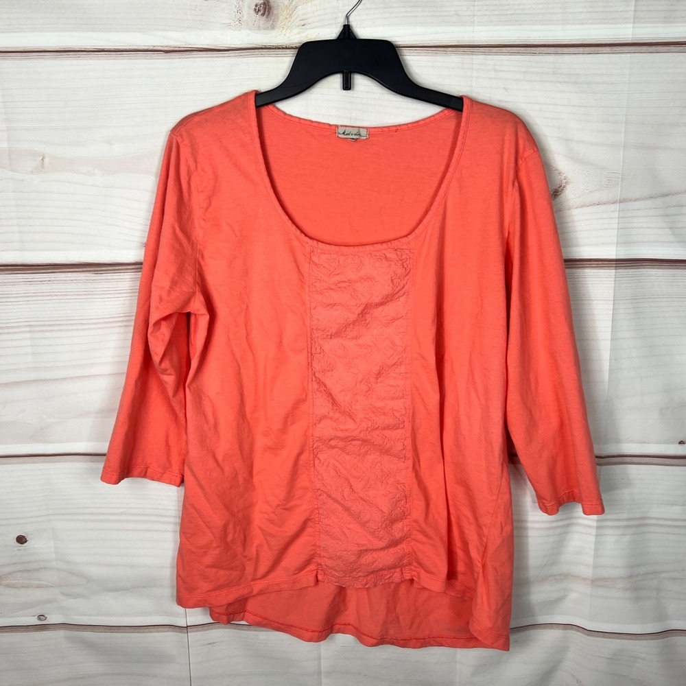 Mododoc Top Womens XL Orange Scoop Neck T-Shirt Cotton 3/4 Sleeve Embroidered